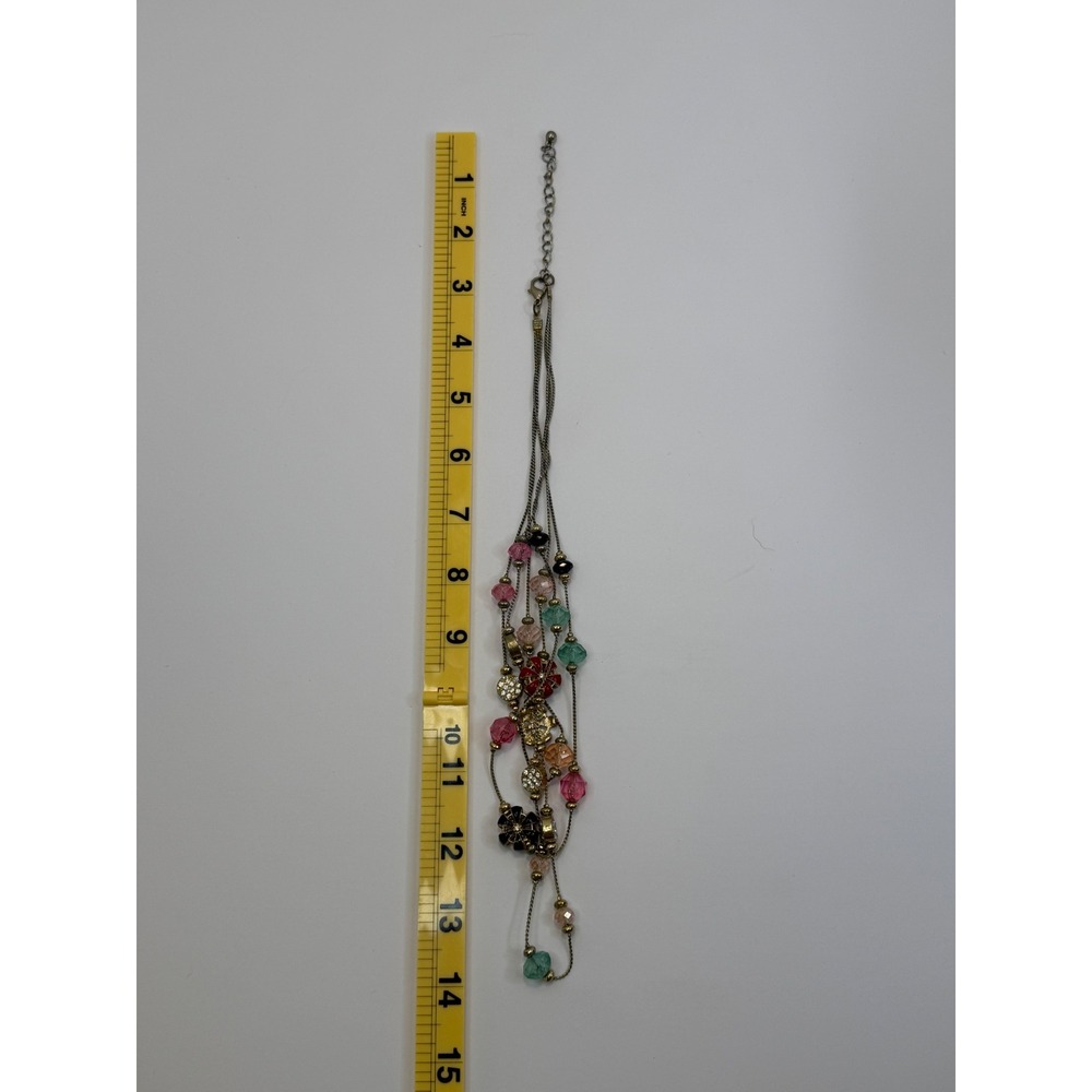 Gold Tone Multi Strand Layered Necklace Floral Rhinestone Pink Beads‎ Boho Y2K - Picture 4 of 5